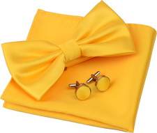 Mens Solid Color Double Fold Pre-tied Bow Tie and Pocket Square Cufflink Set wit