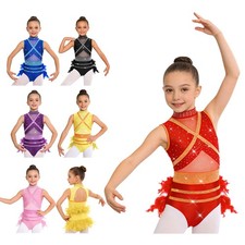 Girls Gymnastics Rhinestones Leotard Color Block Bodysuit Sparkly Dance Shiny