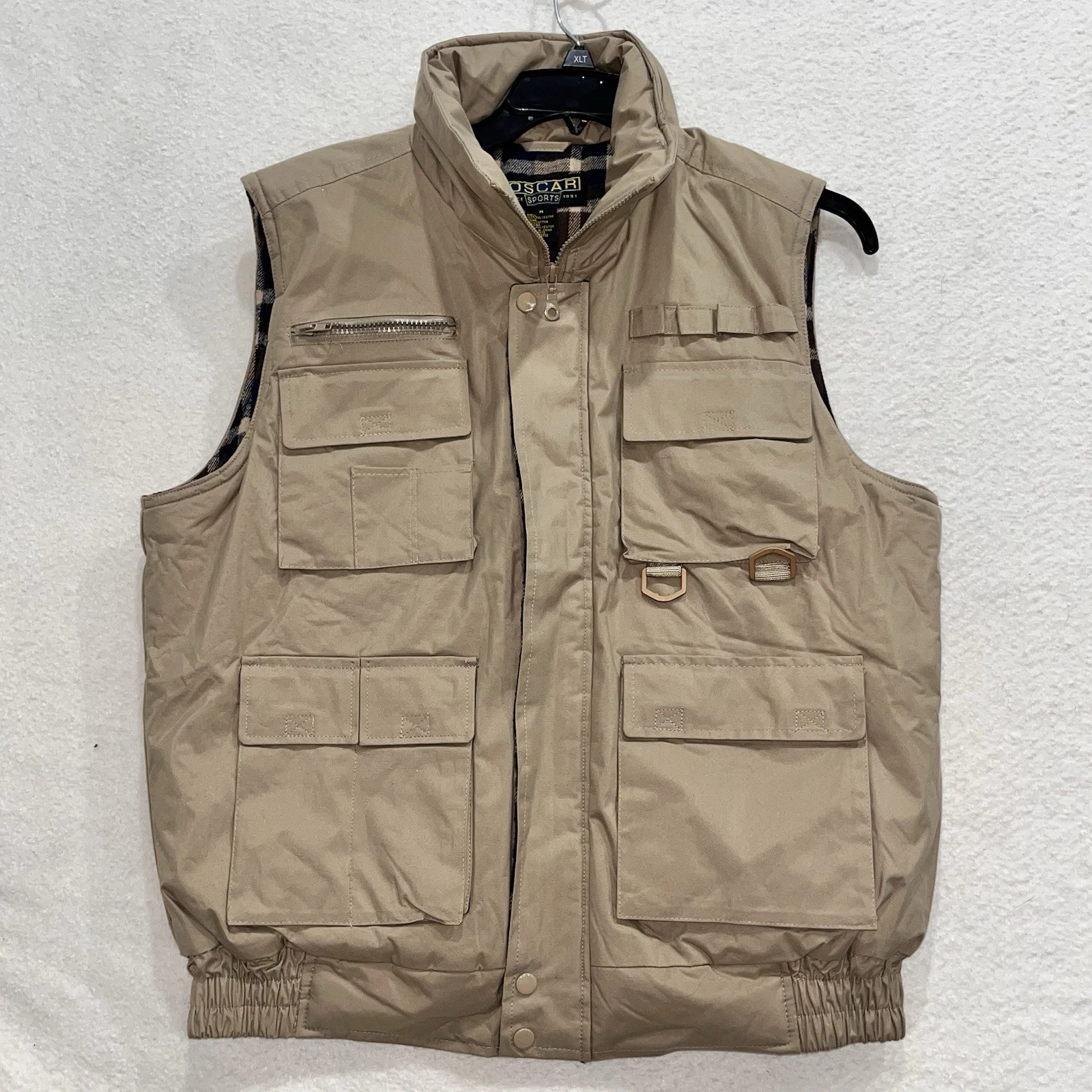 Oscar Sports Men’s Beige Safari Outdoor Vest Size M Blue Plaid Puffy Lined