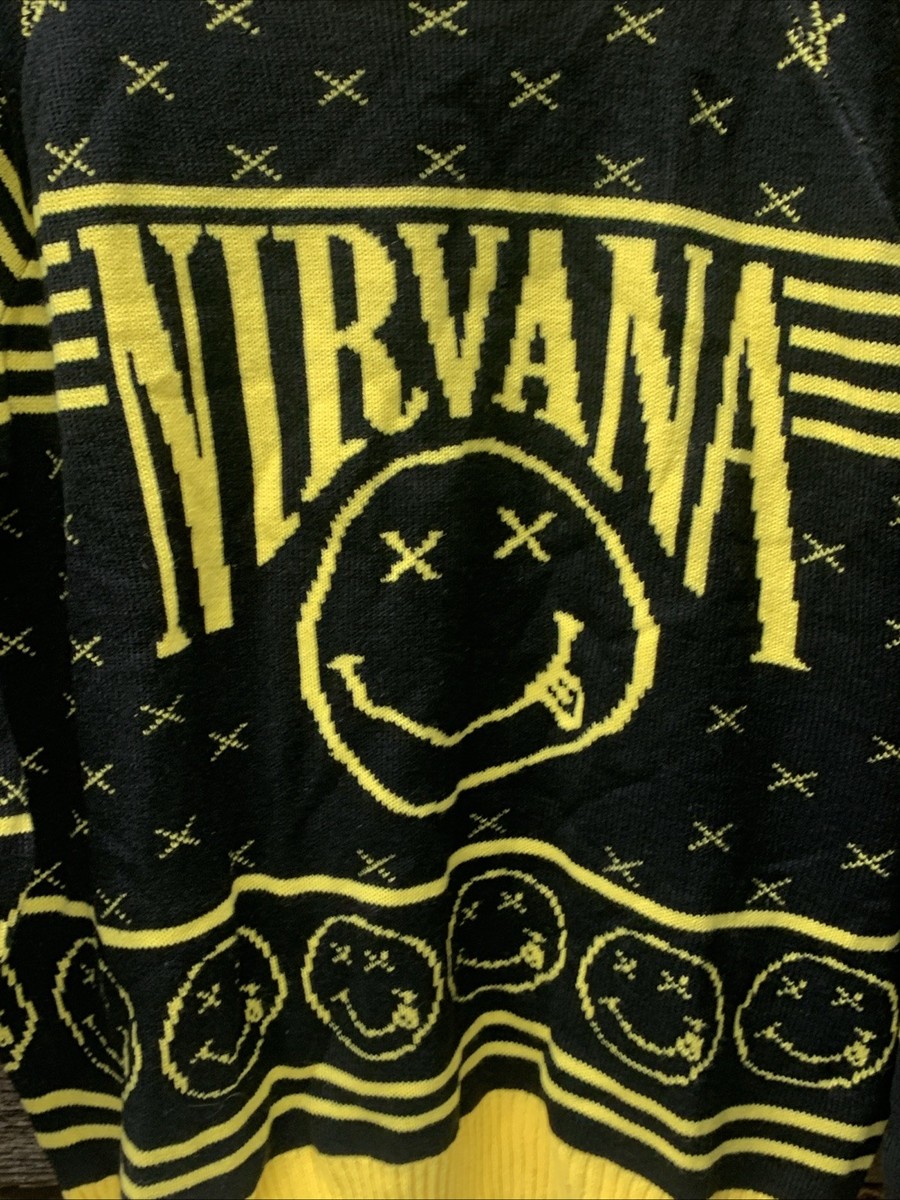 ★NIRVANA★ YELLOW GRUNGE FACE スマイリー スウェットシャツ Nirvana Knitted Sweater Yellow &Black Kurt Cobain Grunge