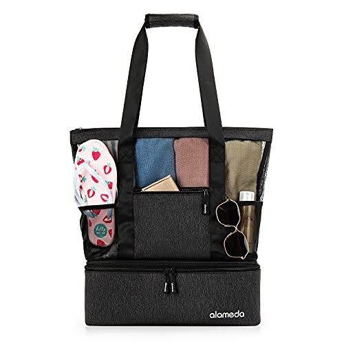 Mesh Tote Beach Cooler - Insulated Travel Bag with Zipper Top, Cooler Grey