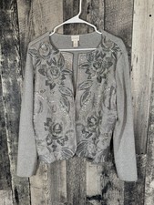 Chico's Silver Metallic Knit Jacket Embellished Beaded Sequin Cardigan Size 2
