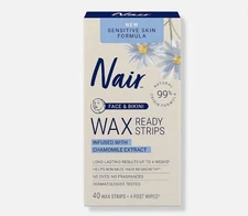 Nair Hair Remover Wax Ready-Strips for Face & Bikini, Sensitive Skin 40 Ct New
