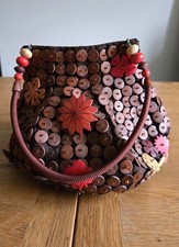 Vintage Boho Wooden Button & Bead Handbag Brown Floral Disc Bag  Cottagecore