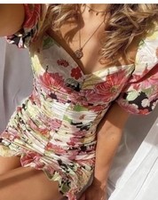 Zara Floral Print Ruched Gathered Detail Puff Sleeves Mini Dress Size small