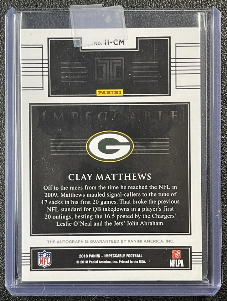 CLAY MATTHEWS 2018 PANINI IMPECCABLE #II-CM INDELIBLE INK AUTO 25/25 PACKERS - Image 2 of 2