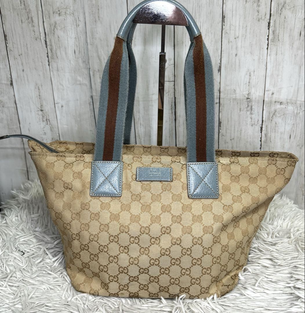 Gucci Sherry Line GG Canvas Tote Bag Light Blue Large Handbag New