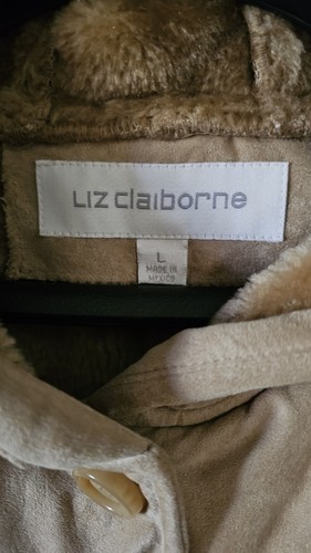 Cappotto donna Liz Claiborne abbottonato taglia L pelliccia KHAKI marrone chiaro FAUX CAPPUCCIO DESIGNER - Foto 2 di 8