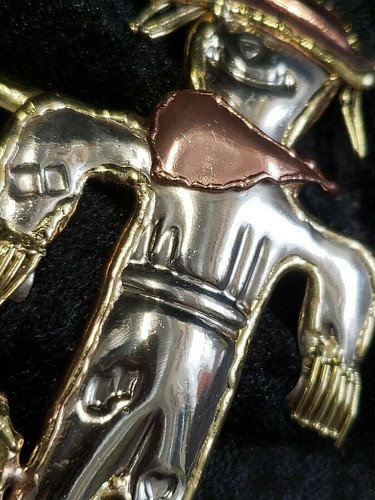 MEXICO Vintage Tri-Color Silver/Gold/Copper ScareCrow Brooch Pin Pendant - Picture 9 of 10