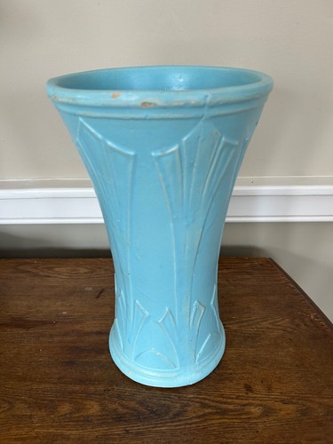 12" Art Deco USA Robinson Ransbottom 1930s Ohio Pottery Blue Ceramic Floor Vase - Picture 6 of 8