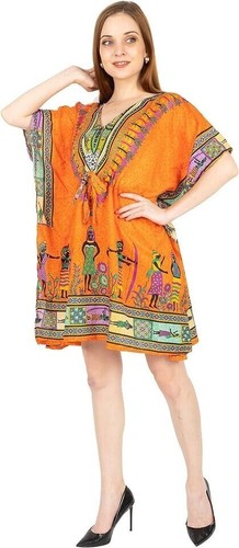 Women's Short African Kaftan Dress Beach Long Cover Up Ethnic Print Color Orange - Picture 4 of 11