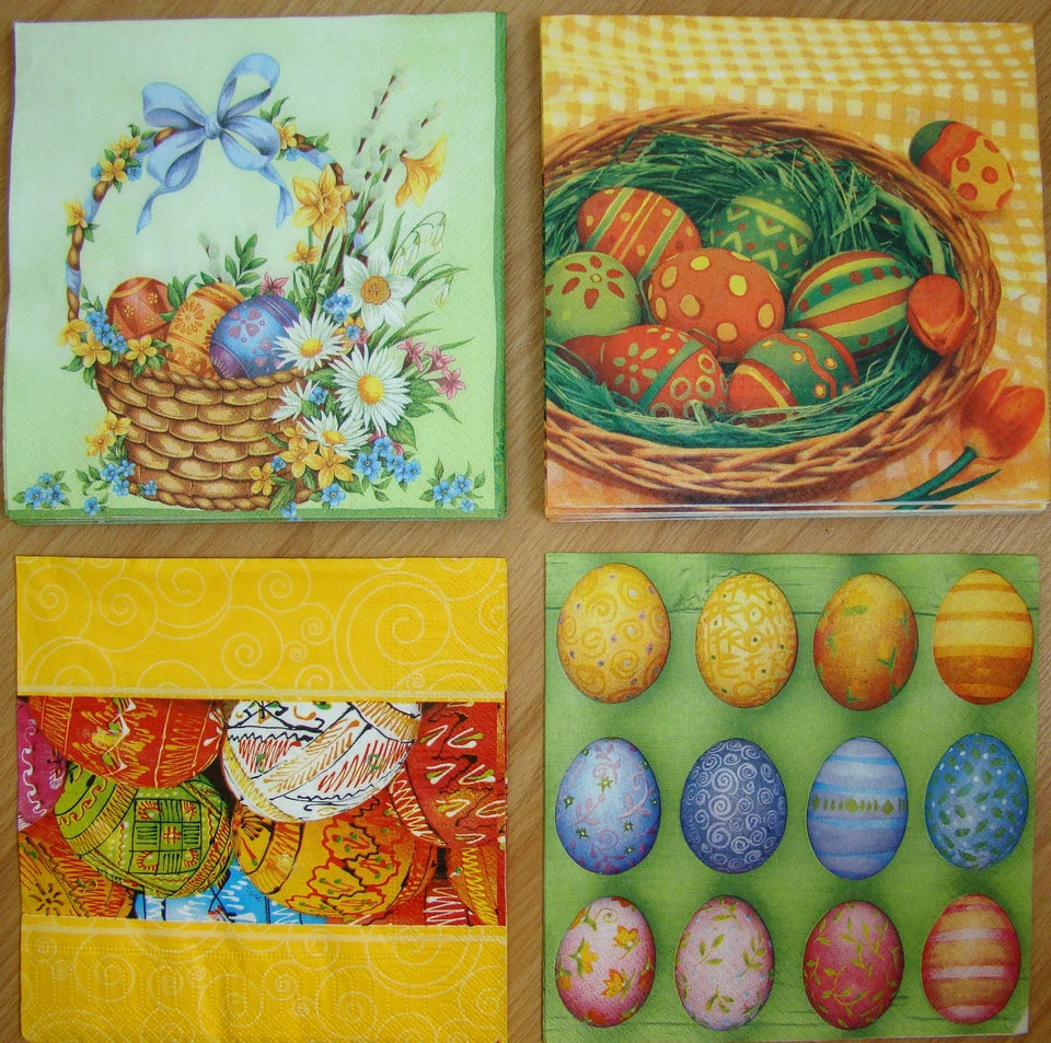 4 juegos de servilletas de papel, huevos de Pascua, flores, cesta, servilleta, 33 cm - 2 piezas, decoupage Foto 2 de 2