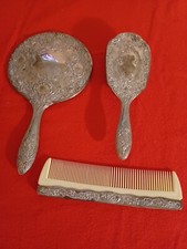 Vintage 3-piece Silver Plate Vanity Set: Hand Mirror, Brush, Comb - Ornate