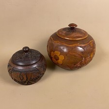 Vintage Indian Hand Carved Small Wooden Pots With Lids Decorative Ornaments x2