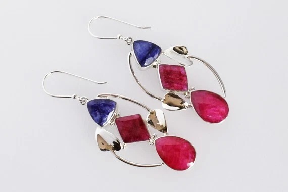 Lab Created Ruby Sapphire Gemstone Dangle Earrings 925 Sterling Silver Jewelry - Image 4 of 4