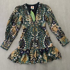 Farm Rio Jaipur Mini Dress Sz XS Long Sleeve Green Black V-neck NWT $240