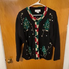 Lisa International Christmas Cardigan Womens Embroidered Beaded Tree size Lg