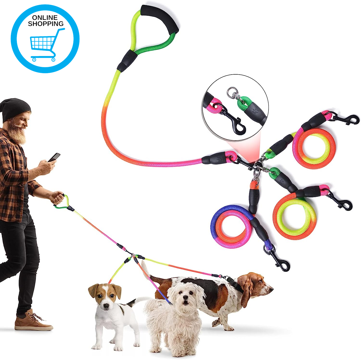 3 Way Dog Leash, 75 Inch Dog Leash Detachable 360 Swivel with Soft Padded Handle
