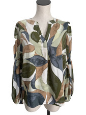 Nine West L Smocked Puff Sleeve Printed Blouse Top Ruched Peasant Popover Boho