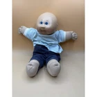 Vintage 1982 Cabbage Patch Kids Boy Doll Bald Blue Eyes Striped Shirt Denim 16"