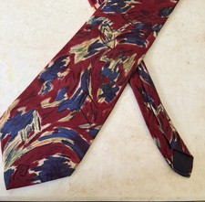 Nice Mens Tie 100% Silk Crepe Made In USA Red With Blue & Gold Abstract Print