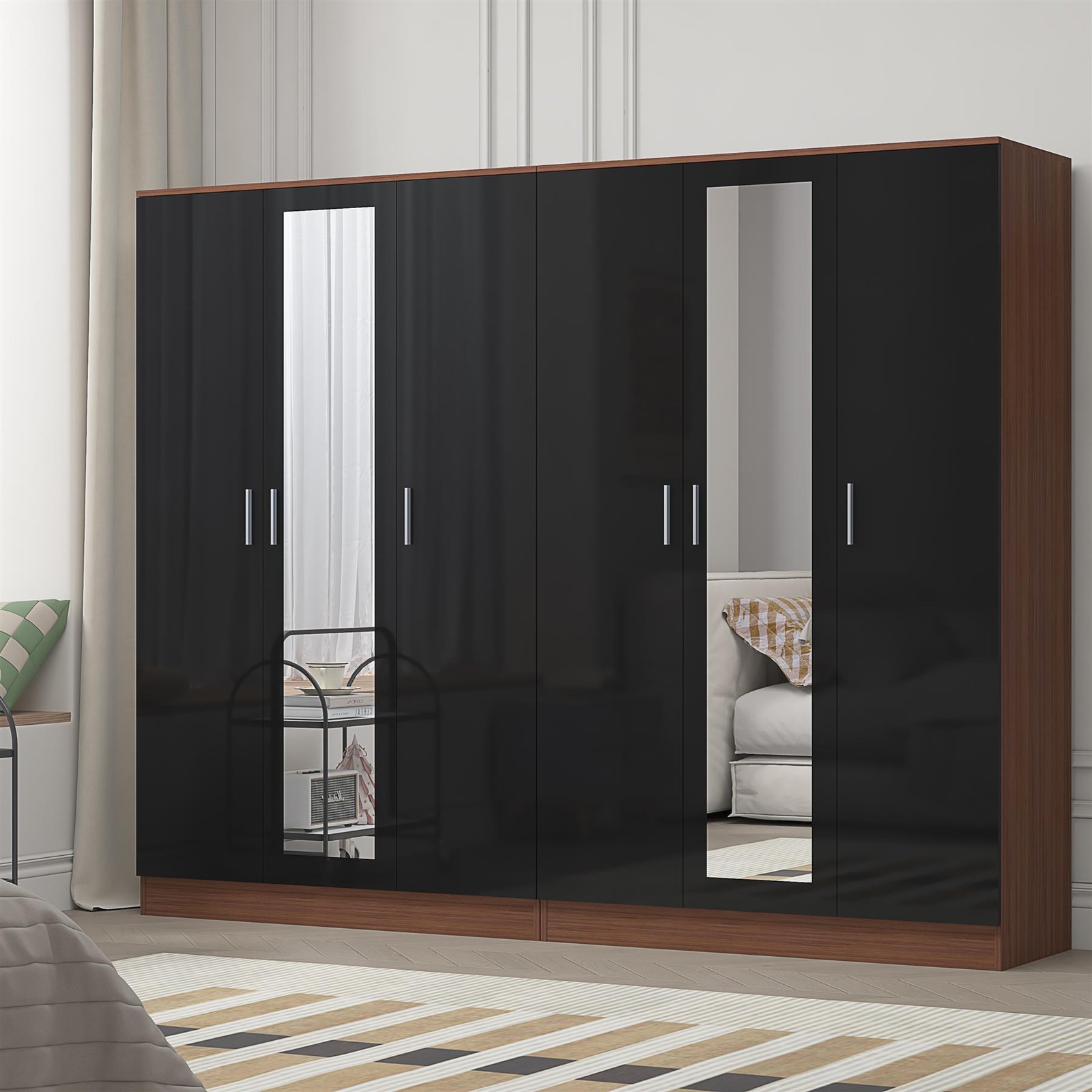 REFLECT Black Gloss Wardrobe Bundle - 3dr Mirror + 3dr Mirror - Black / Walnut