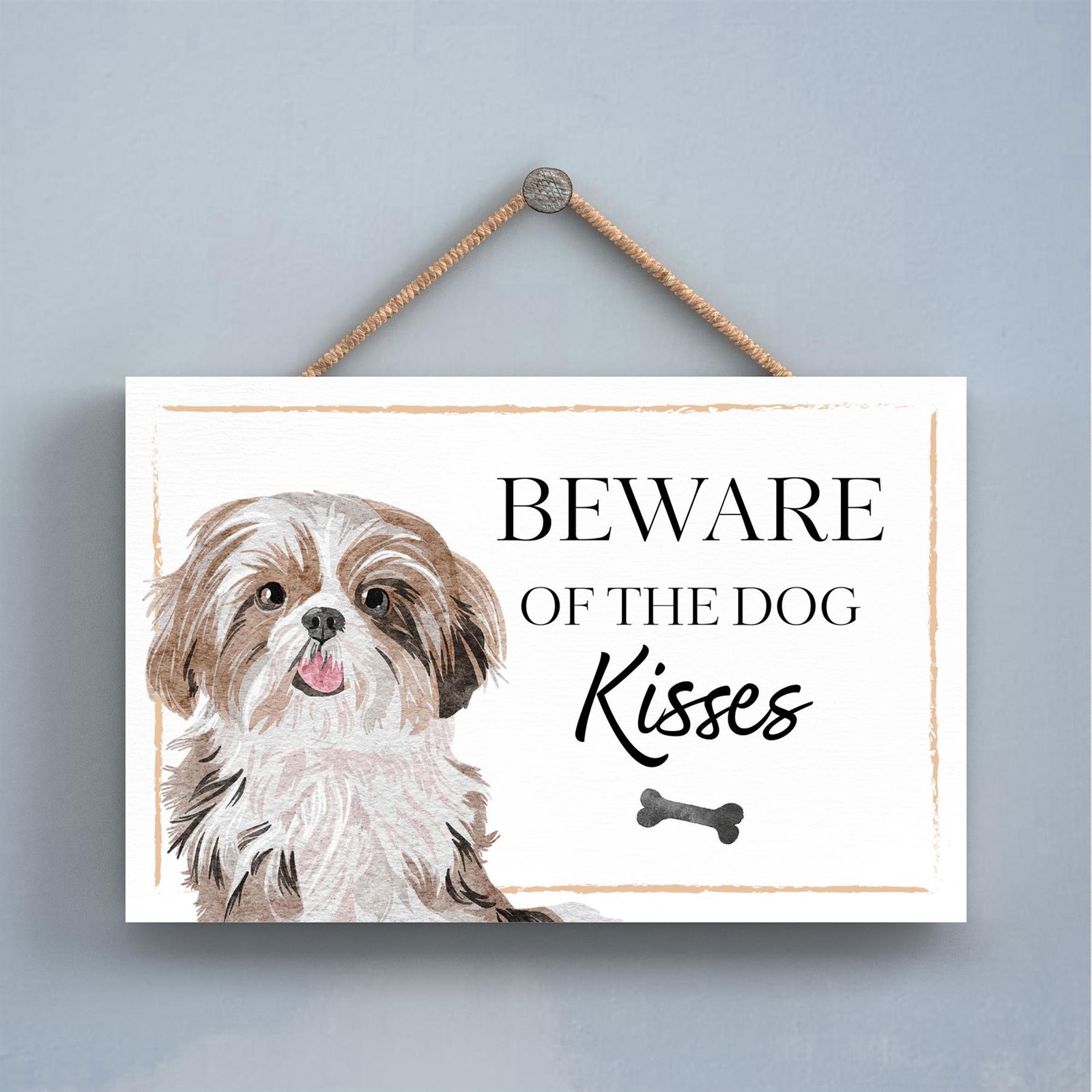 Shih Tzu Beware of Dog Kisses Decorative Gift Wooden Hanging Rectangle Plaque
