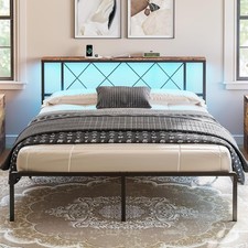 King Size Bed Frame, Headboard with Charging Station/LED Lights, 5ft Metal Bed F