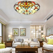 Tiffany Style Ceiling Lamp Flower Motif Stained Glass Flush Mount Light Fixture