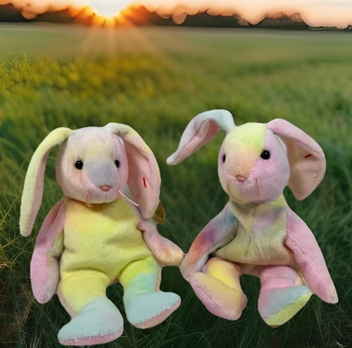New Vintage TY Beanie Babies Lot Of 2 Hippie The Bunny