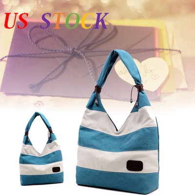 Get Rabate New listing Women Girl Fashion Stripe Handbag Shoulder Bag Large Tote Ladies Purse Blue New