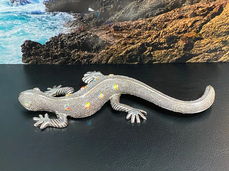 Broche/pin reptil lagarto plateado con CRISTALES 5" de largo Foto 3 de 4