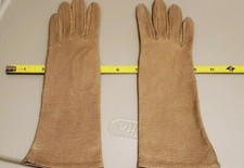 Vintage Long Soft Kid Leather Silk Lining Gloves Beige Brown size 6