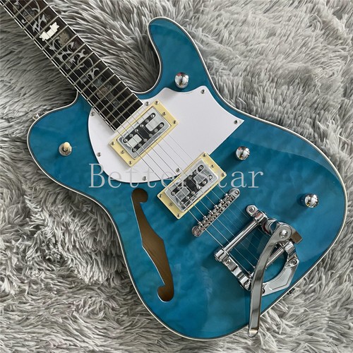 Blue Quilted Maple Top Zuwei TL Electric Guitar Semi Hollow Body 6 String - Picture 3 of 7