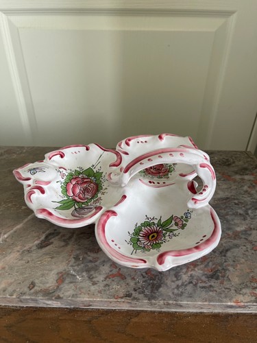 Ancien serviteur Faïence Céramique Angoulême Renoleau rose fleurs 3 compartiment - Photo 3 sur 8