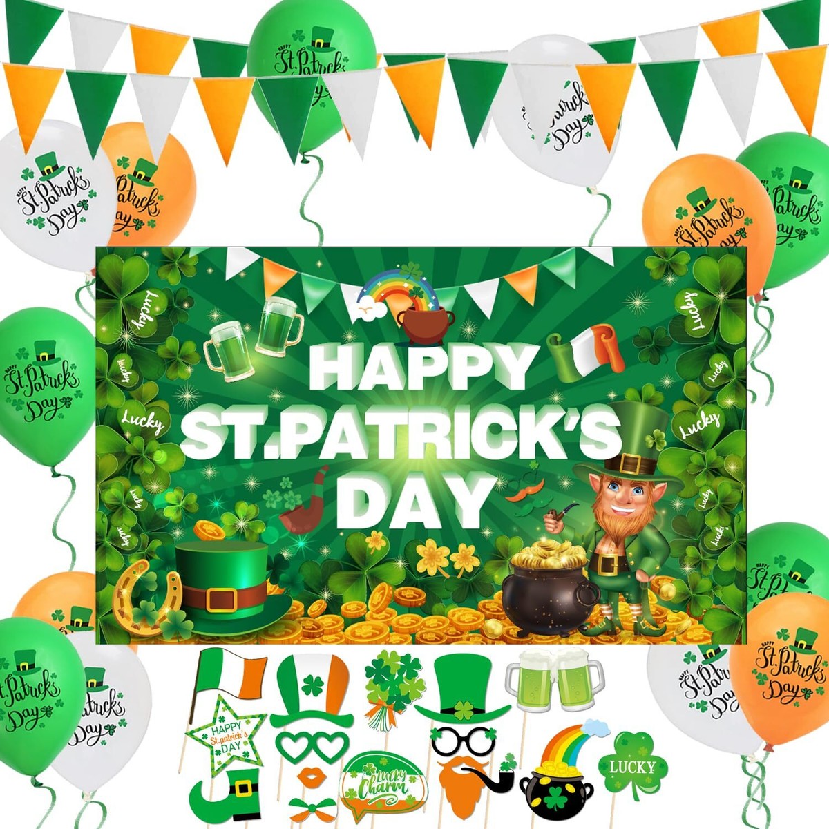 St. Patrick's Day Party Set – Für 24 Gäste – Inkl. Teller, Becher, Servietten, Tischdecke & Girlande – Kleeblatt-Design