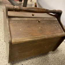 Vintage Wood Sewing Knitting Needlecraft Box Double Two Door w/ Handle & Shelves