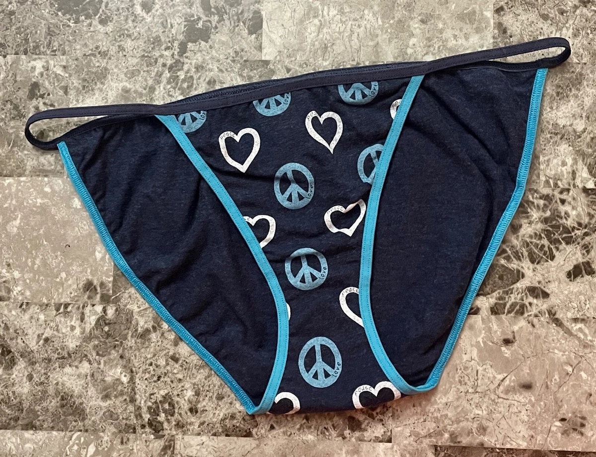 NWT VICTORIA'S SECRET M BLUE PEACE SIGN HEART VINTAGE RARE STRING BIKINI  PANTIES