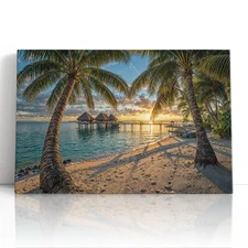 Tropical Sunset Canvas Print Wall Art – Overwater Bungalows & Palm Trees Decor