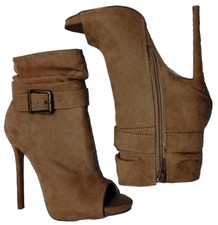 Women's 5.5 SHOEDAZZLE Adriana Beige Faux Suede Ankle Booties Peep Toe