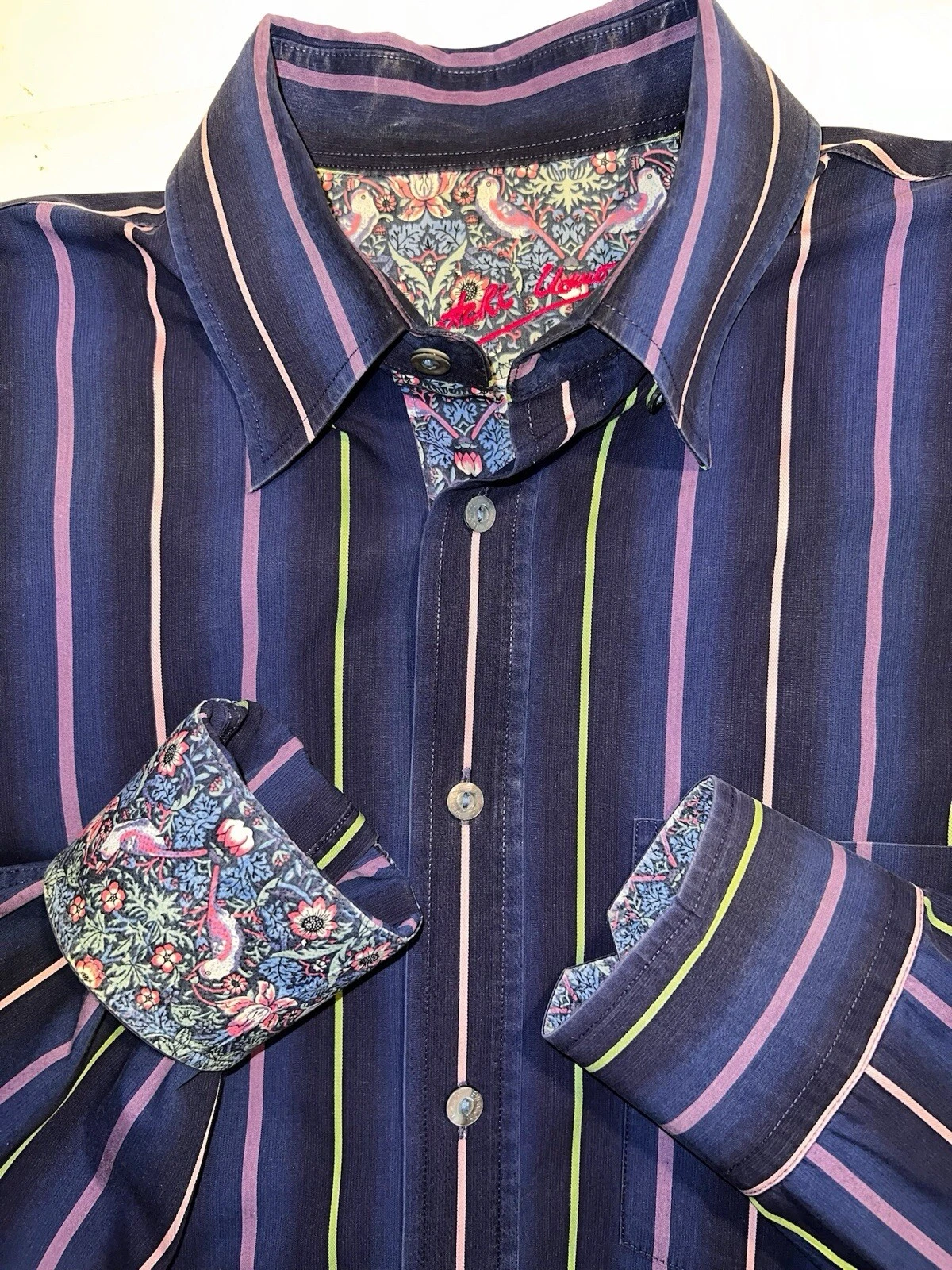 BUGATCHI UOMO DK BLUE STRIPE OVERSIZED SHIRT SZ M BIRD FLORAL FLIP CUFFS SPECIAL