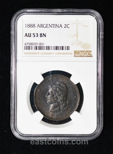 NGC AU53 1888 Argentina 2 Centavos Low Mintage 659,000, Rare！