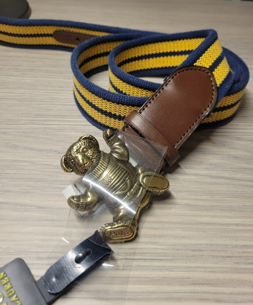 Polo Ralph Lauren Men's USA Polo Bear Buckle Striped Canvas Belt Blue  Yellow New