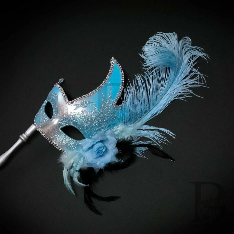 Holding Stick Party Mask | Feather Masquerade Mask Silver Mint Blue M6131 - Image 3 of 4
