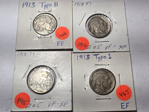 1913 Type 2  & Type 1 Buffalo Nickel  E Fine  Lot of 4