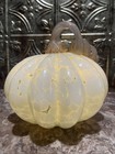 6-1/2 Wide White Blown Glass Pumpkin With Flickering Light - Battery Powered