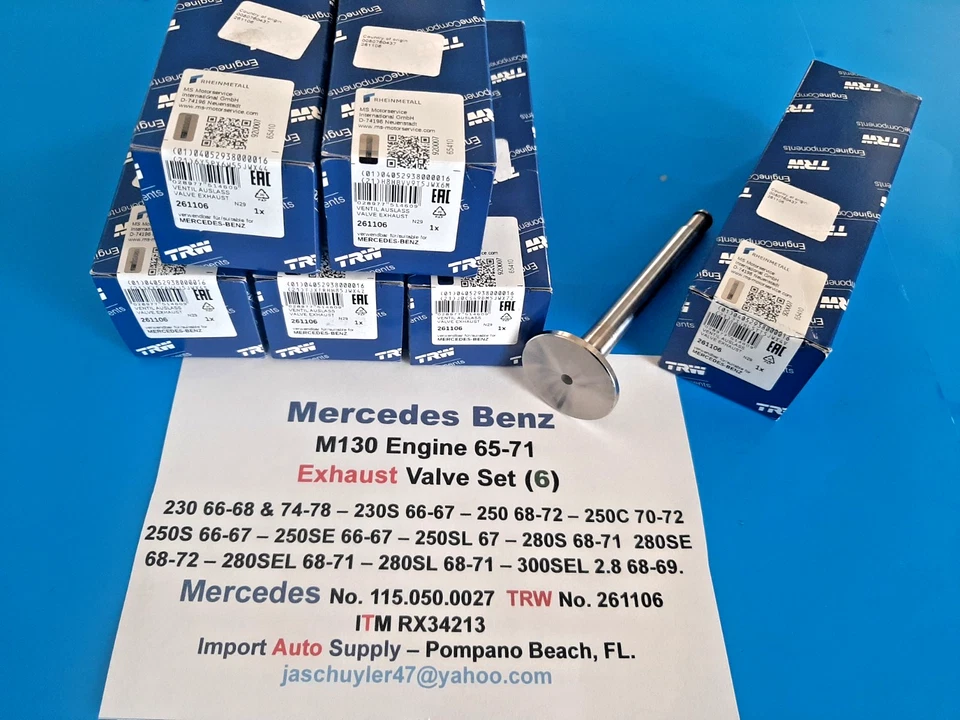 Mercedes Benz 230, 230S, 250C, 250SL, 280S, 280SE, 280SL Exhaust Valve Set (6) - Image 2 of 3