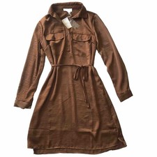 NWT Lucky Brand SZ S Satin Shirtdress Pecan Pie Brown Tie Belt Dress Long Sleeve
