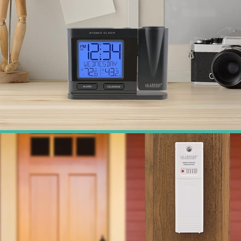 Digital Projection Clock Indoor Outdoor Temp Wireless Sensor Atomic Time Alarm