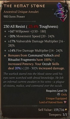 The Hemat Stone Dual Multi Amulet Warlock  Season 13 SC D4 PS5 XBOX PC
